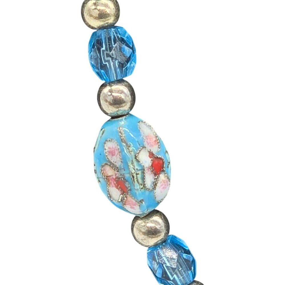 Blue Floral Cloisonne Style Bead Necklace Glass Crystal Silver Tone 18–21” - Picture 4 of 7